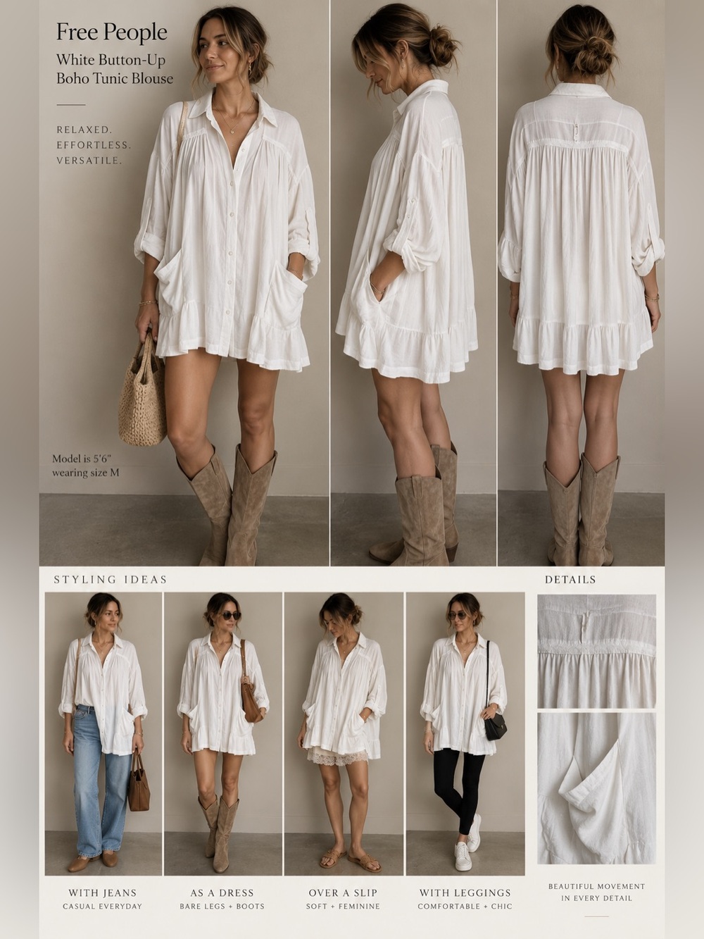 Free People White Oversized Boho Tunic Blouse Button Front Pockets Slip Small